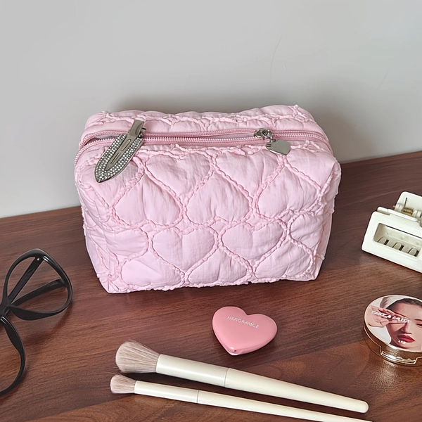 TEMU Aesthetic Quilted Makeup Bag, Soft Cosmetic Pouch, Small Travel Toiletry Bag, Cute Gift For Women Students