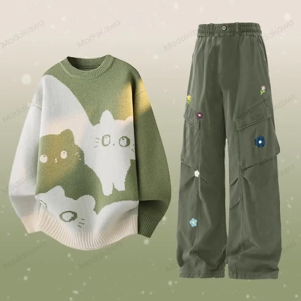 Kitty Knit Sweater Flower Cargo Pants Two Pieces
