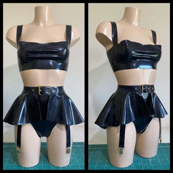 Rubber Latex Bra Top, Peplum and Suspender Briefs Bundle
