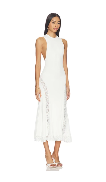 White Knit Lace Insert Midi Dress