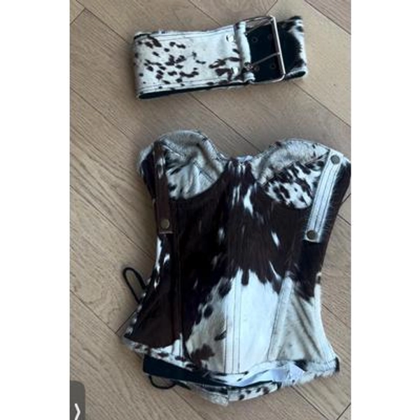 Steel Boned Waist Trainer Corsets Cowhide Leather Hair-on-Pony Skin Overbust Corset