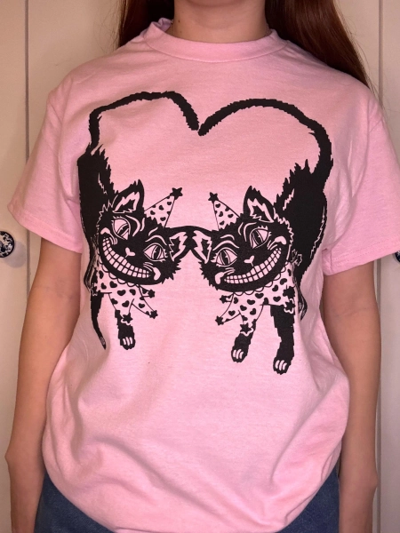 Clown Cat Light Pink Short Sleeve T-Shirt Tee | Heart Black Cats | Handmade Screen Printed Puff Ink | Christmas Gift Winter | My Clown Heart