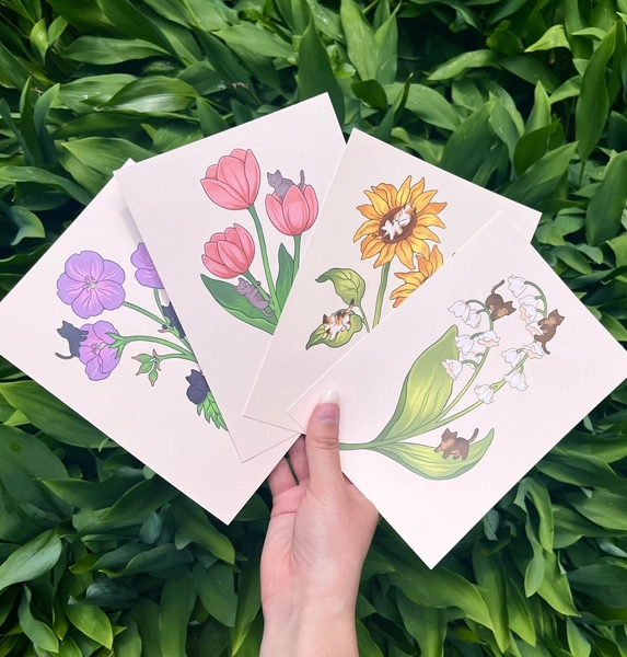 Flower Cats 5x7 Prints | Lily of the Valley, Tulip, Sunflower, Geranium | Set of 4