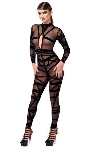 Bondesque Flocked Mesh Catsuit — Shibari-Inspired Seduction - Kinky Emporium Clothing