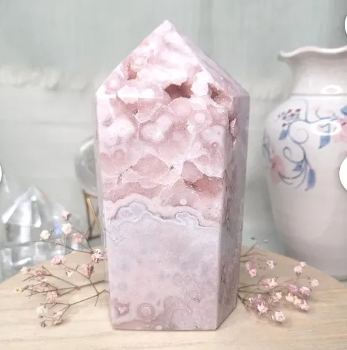 Pink Amethyst/Flower Agate Tower With Sparkling Druzy Pockets,