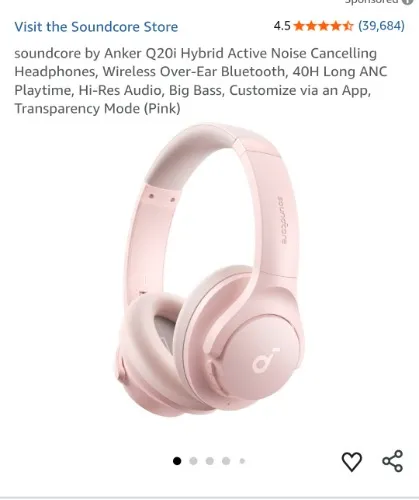 soundcore by Anker Q20i Hybrid Active Noise Cancelling Headphones, Wireless Over-Ear Bluetooth, 40H Long ANC Playtime, Hi-Res Audio, Big Bass, Customize via an App, Transparency Mode (Pink)