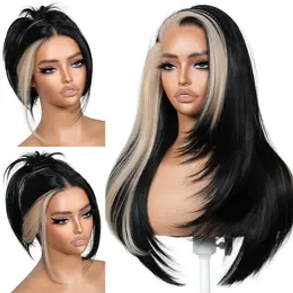 BrownBomb 13x6 Glueless Lace Front Wig - 24in Layered Synthetic, Pre-Plucked Pre-Cut Bangs, 220% Density, Clean Hairline, 3-Second Wear, Travel-Friendly, Budget Daily Use, Ombre Hair with Blonde Skunk Stripe