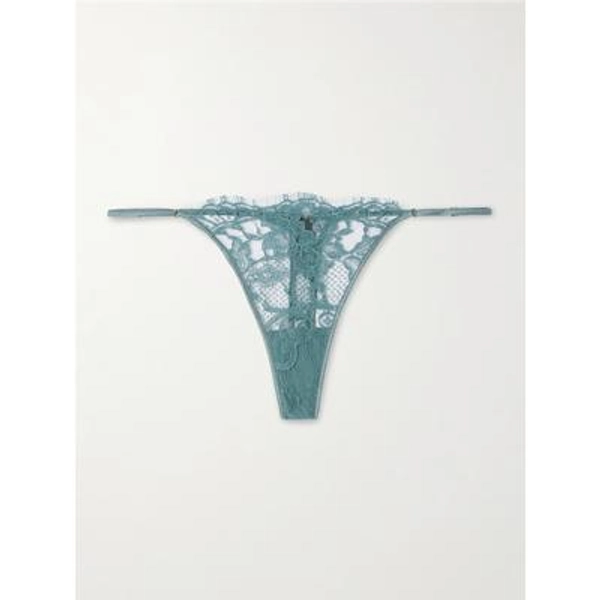 Kiki de Montparnasse - Camille Stretch-silk Satin-trimmed Organic Cotton-lace Panty - Green