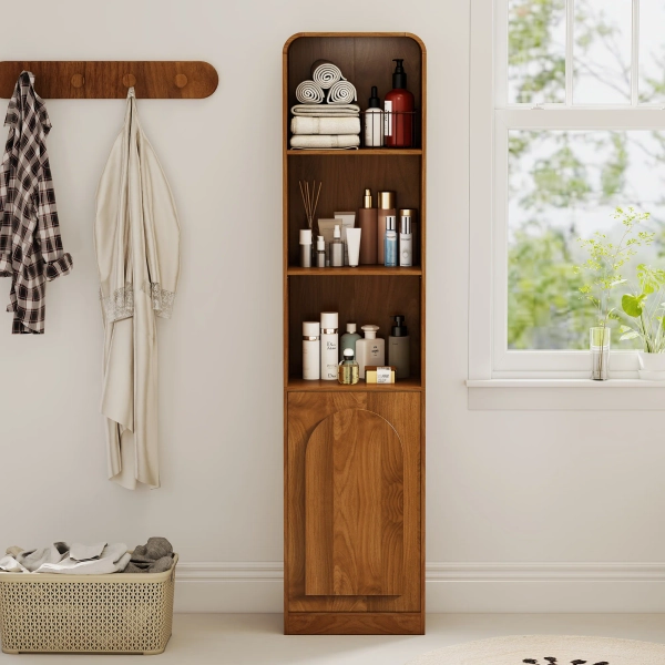 Narrow Storage Cabinet With Arched Door, 5 Tier Tall Cabinet With Shelves, Bathroom Cabinet