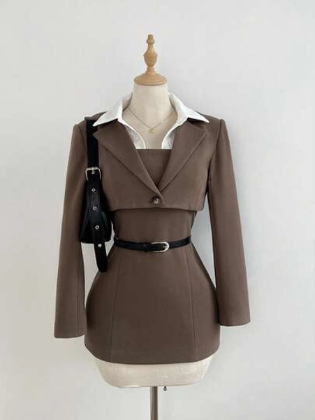 Elamini Women’s Wool Suit Set – Cropped Jacket & Mini Dress, Fashionable Professional Two-Piece with Fitted Waist