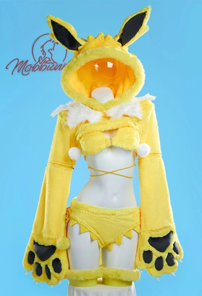 PM Derivative Furry Paw Yellow Sexy Lingerie Set Kawaii Bikini Plush Paw Gloves Hoodie and Bra Panties
