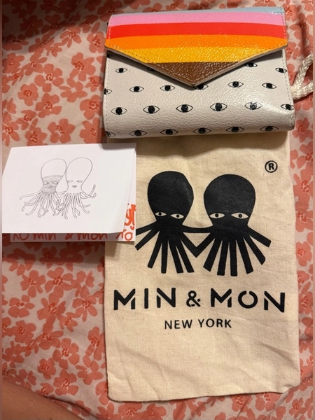 Min & Mon Cream Eye Print Wallet with Pink, Red & Orange Stripe Flap