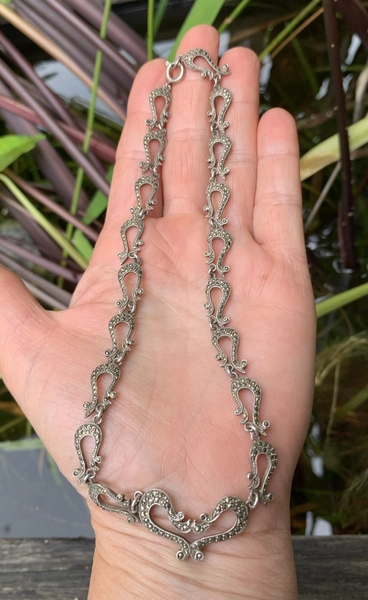 Heavy Vintage 1950s Solid Sterling Silver &amp; Marcasite Necklace Chain.