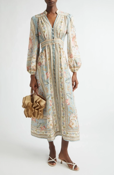 Roselight Plunge Long Sleeve Linen & Silk Midi Dress