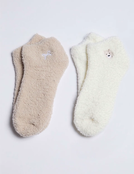 2pk Cosy Bear & Bow Trainer Fluffy Socks