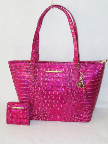 BRAHMIN Elegant Potion Neon Pink Orchid Metallica Chrome Handbag & Matching Wallet