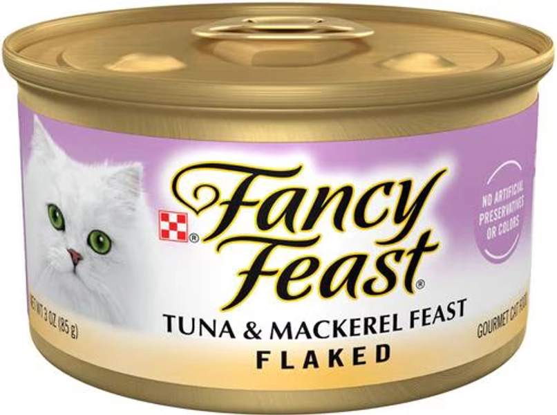 FANCY FEAST Flaked Tuna & Mackerel Feast Wet Cat Food, 3-oz can, case of 24 - Chewy.com
