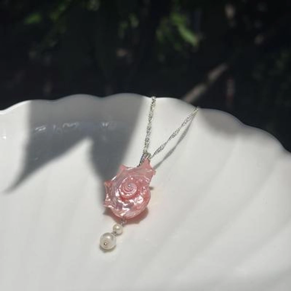 Coquette Princess Mermaid Necklace, Iridescent Pink Shell Choker, Pearl Drop Sunset Rose Pendant, Whimsical Romantic Fairy Jewelry