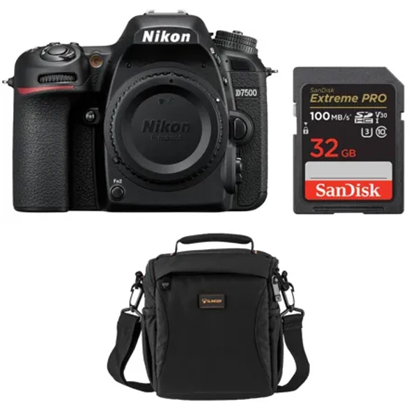 Nikon D7500 DX-format DSLR Camera, Black, Bundle with 32GB Memory Card, Alpine 140 Bag