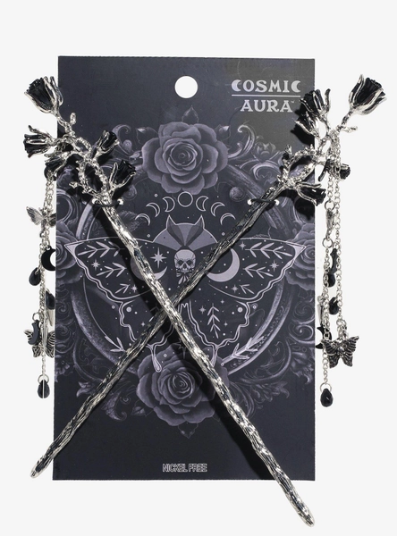 Cosmic Aura Black Rose Hair Stick Set