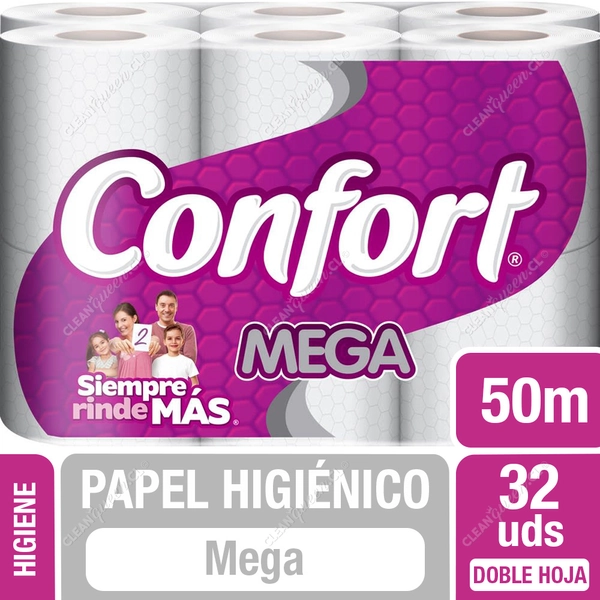 Papel Higiénico Confort Mega Doble Hoja 50 mts c/u 32 Unid - Clean Queen