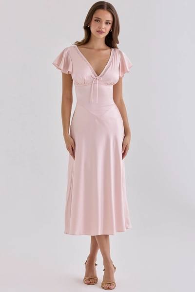 Ravella Pink Real Silk V-Neck Midi Tea Dress
