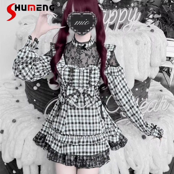 Japanese Lolita Two Piece Set Ruffle Floral Long Sleeves Dress Elastic Waist Shorts Sweet Kawaii Daily Matching Outfit For Women