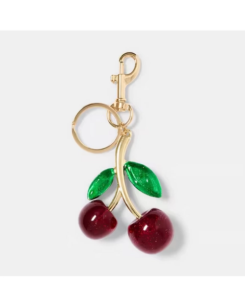 3D Large Cherry Charm Keyring - Gold Tone, Red and Green - Red - One Size