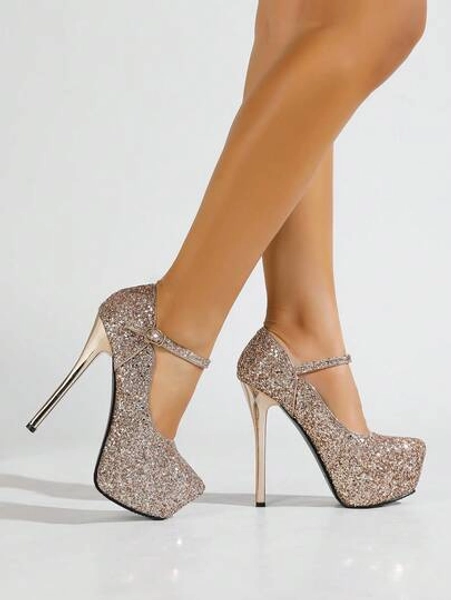 Fashionable 14cm High Heels And Stiletto Party Shoes For Women, Four Seasons New Super High Heels, Strap With Buckle Design, Round Toe Low Vamp Women's High Heels, Shiny Sequin Shoes, Elegant Banquet House Date High Heels