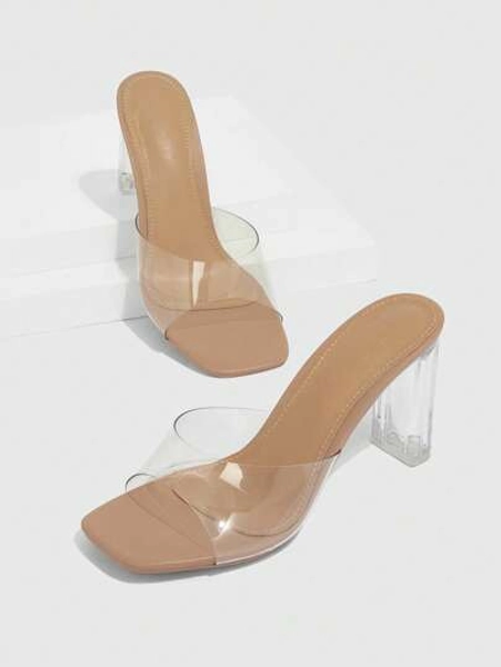 Transparent heels for blonde blazer