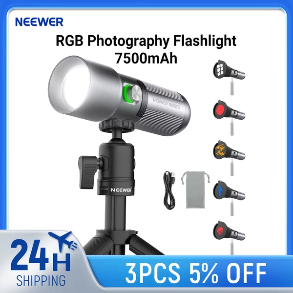 NEEWER BASICS RGB Photography Flashlight with Desk Tripod Stand/4 Colors/20 Gobo Filters/7500mAh, 10W 6300K CRI95+ LED Spotlight