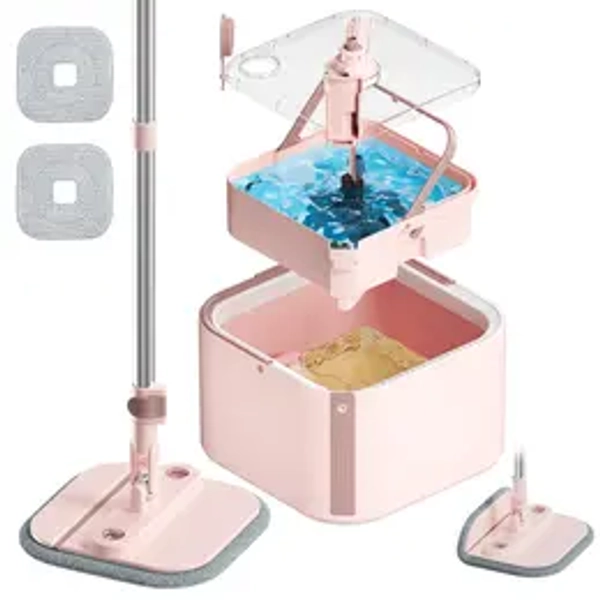 KZKR Pink Series V2.0 Spin Mop & Bucket System Set - Detachable Inner Bucket, Silicone Brush, Adjustable Pads, Hands-Free Fast-Dry Floor Cleaning, Machine-Washable Pads, Ideal Christmas Gift