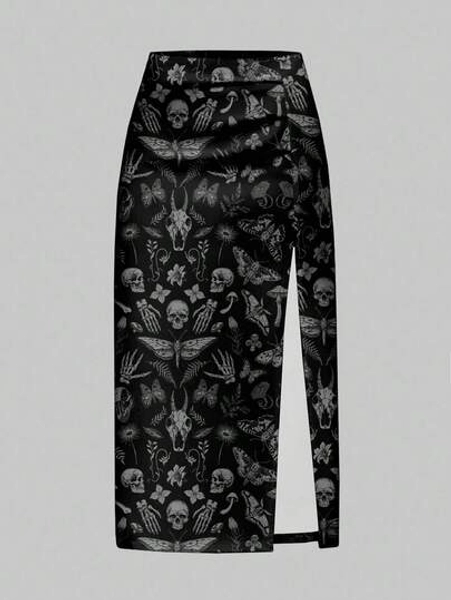 ROMWE Goth Saia Preta Estampada com Crânio Gótico, Morcego, Mariposa e Planta, Misteriosa e Sombria, Impressão Total, Fenda Alta, Outono/Inverno
