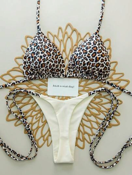 2pcs Leopard Print Sexy Lace-Up Women Swimsuit Bikini Set, Thong Bottoms For Beach, Resort, Stage & Concert, Summer
