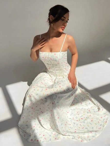 Aloruh Women's Ditsy Floral A-Line Slip Dress, Spring/Summer Dresses For Wedding Event