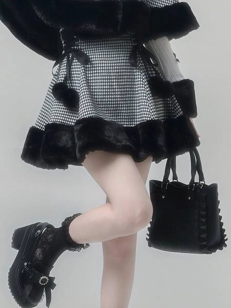 Jirai Kei Black Houndstooth Skirt with Furry Trim & Pom-pom Decor