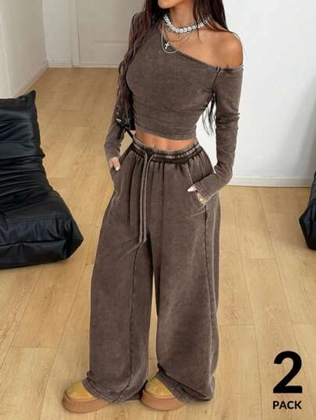Coolane Women's Daily Wear Essentials Knit Stretchy Comfy Asymmetrical Neck Long Sleeve Tops And Wide Leg Sweatpants Tracksuit Two Pieces Outfits