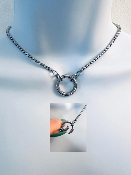 SPRING-LOCKING O-Ring Choker Necklace on a 3mm Stainless Steel flat Box Chain Day Collar
