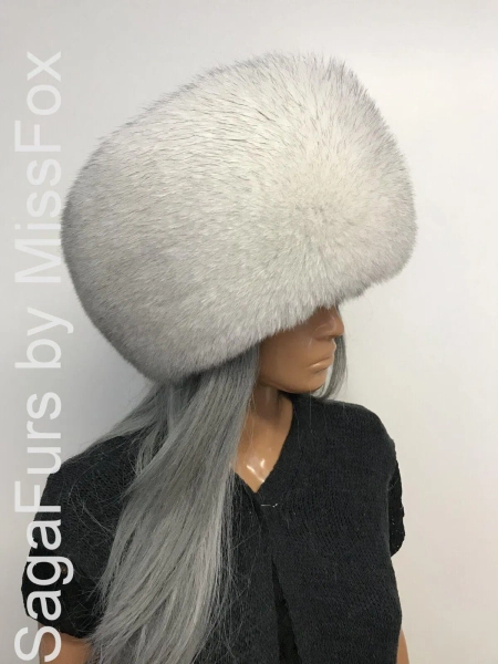 Blue Fox Fur Round Hat with Satin Lining Unisex (Saga Furs)