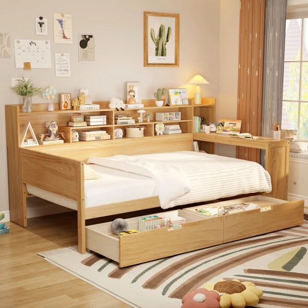 Wooden Twin Size Daybed With Storage Shelves, Multi-Functional Bed With Two Storage Drawers And  Study Desk | Wayfair