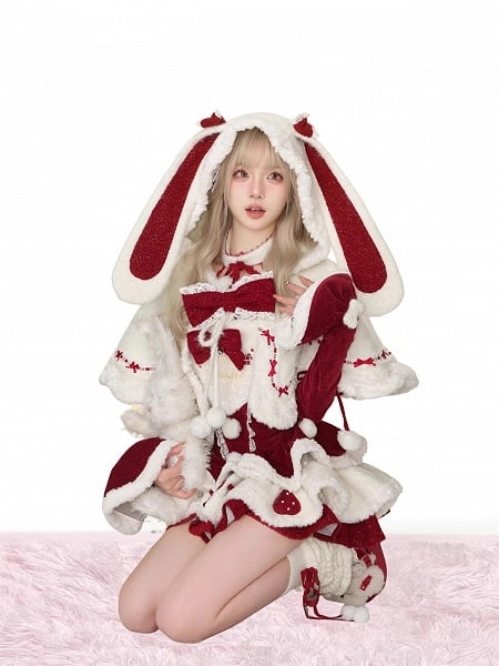 [$79.00]Cozy Bunny-Eared White Winter Hooded Cape with Christmas Red Bow Accents