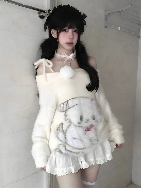 [$48.00]Kawaii Beige Off-Shoulder Plush Puppy Sweater with Pink Bow & Bell Details