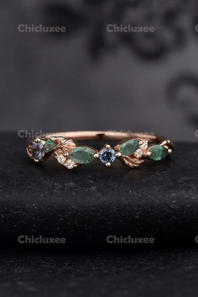 Blatt Zweig Moosachat Ehering 18K Rosegold Marquise Alexandrit Moissanit Ehering Zierlicher Ring Versprechen Jahrestag Ehering - Etsy.de