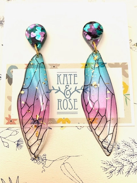 Large aqua blue and pink resin butterfly wings with blue studs - in.cube8r
