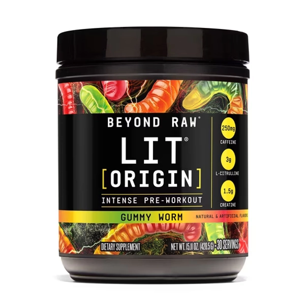 Beyond Raw LIT Origin Pre Workout Powder, Gummy Worm, for Men & Women, Energy & Pumps, 30 Servings
