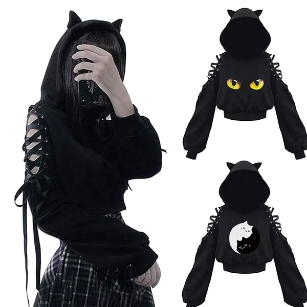 Women Long Sleeve Hoodies Kawaii Cat Ears Hoodie Gothic Punk Harajuku Cold Shouler Bandage Gothic Black Sweatshirts - AliExpress 200000345