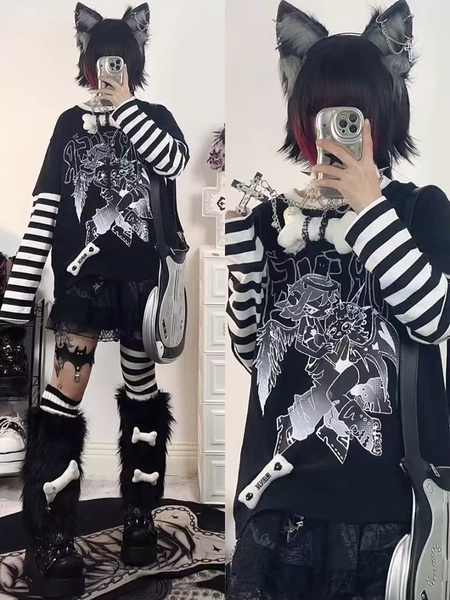 Fashion Stripe Print T-shirts Basic Tee Casual Oversized Patchwork Tops Long Sleeve Fake Two Piece Striped Tshirt Tees Clothing - AliExpress 200000345