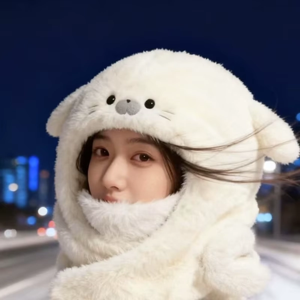 Neue modische Wintermütze für Damen, niedliche Schalmütze mit Siegelmotiv, warme und weiche Wintermütze für den Außenbereich, verdickte Schalmütze - AliExpress 200000297