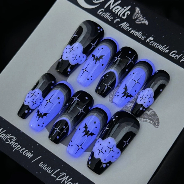 Glow in the Dark Moonbow Press On Nails: Gothic Rainbow Bat Design