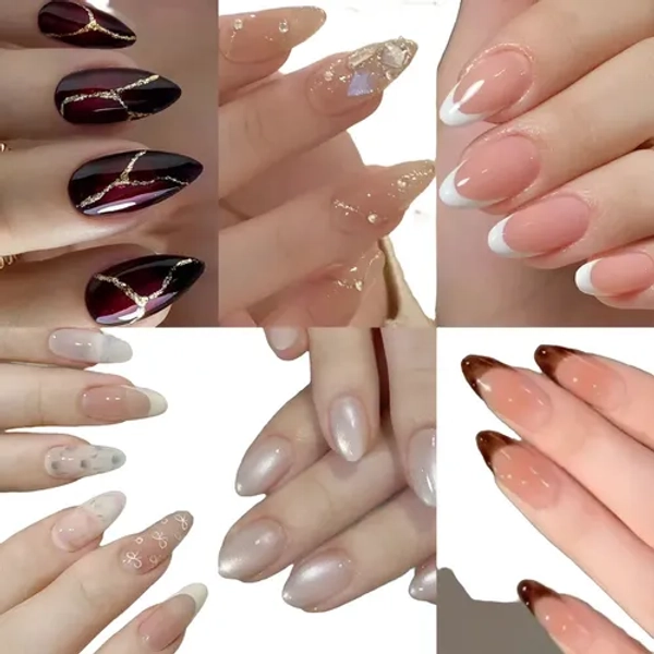 144 Piezas Uñas Postizas Acrílico Falsas, Almendra Punta, Cubierta Completa Francesa Press on Nails Kit, 12 Tamaños para Mujeres y Niñas Decoración Arte de Uñas,6 juegos de uñas con diferentes diseños